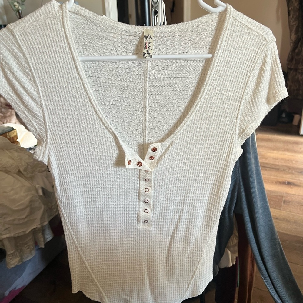 Free People White/Cream Short Sleeve Henley Top